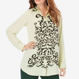 🔹️Roaman's Mint Green w/Black Scroll Print Long Sleeve Top Size 16W